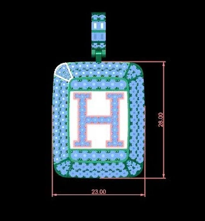 Bản dựng 3D mặt dây chữ cái đính đá quý, có kích thước 23 × 28 mm