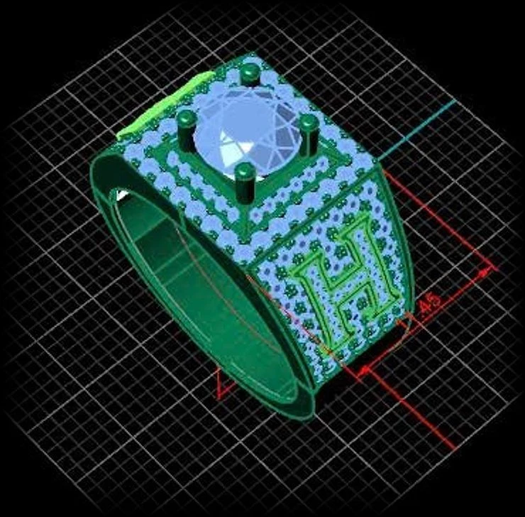 Bản dựng 3D nhẫn nam chữ cái đính đá quý