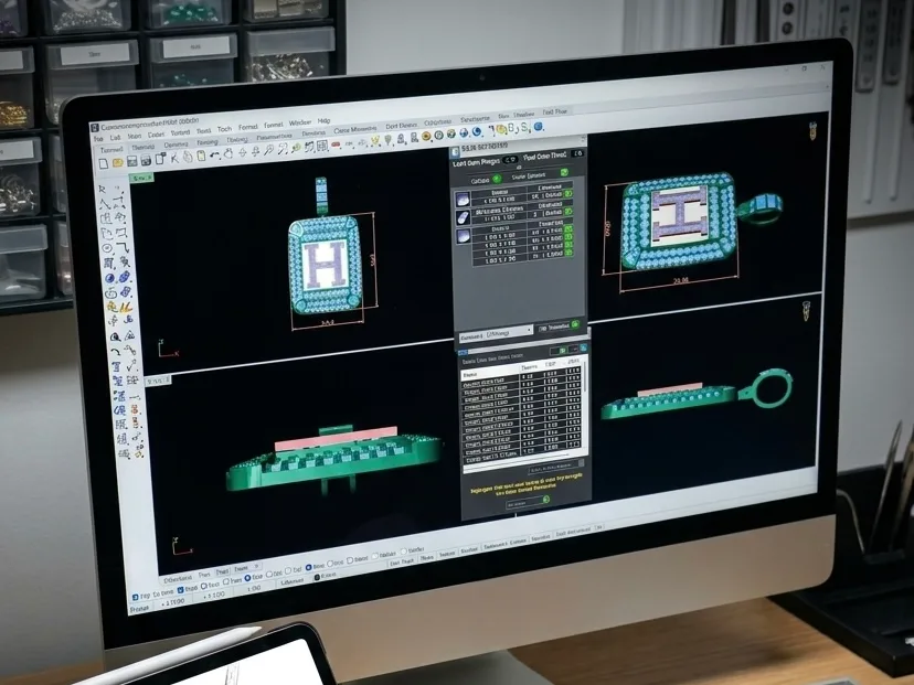 Bàn thiết kế với bản dựng 3D mặt dây chữ cái trên màn hình